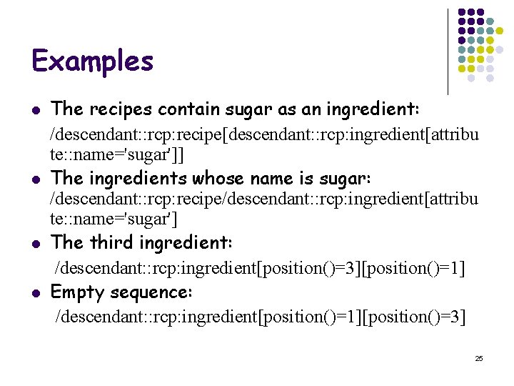 Examples l l The recipes contain sugar as an ingredient: /descendant: : rcp: recipe[descendant: