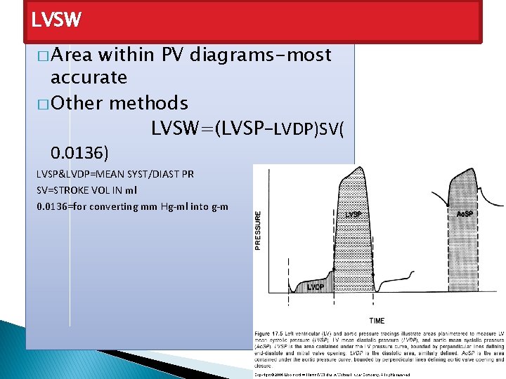 LVSW � Area within PV diagrams-most accurate � Other methods LVSW=(LVSP−LVDP)SV( 0. 0136) LVSP&LVDP=MEAN