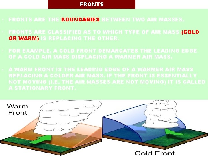 FRONTS • FRONTS ARE THE BOUNDARIES BETWEEN TWO AIR MASSES. • FRONTS ARE CLASSIFIED