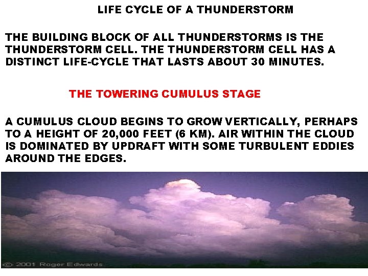 LIFE CYCLE OF A THUNDERSTORM THE BUILDING BLOCK OF ALL THUNDERSTORMS IS THE THUNDERSTORM