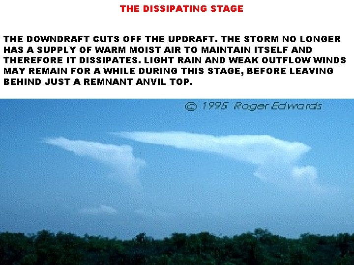 THE DISSIPATING STAGE THE DOWNDRAFT CUTS OFF THE UPDRAFT. THE STORM NO LONGER HAS