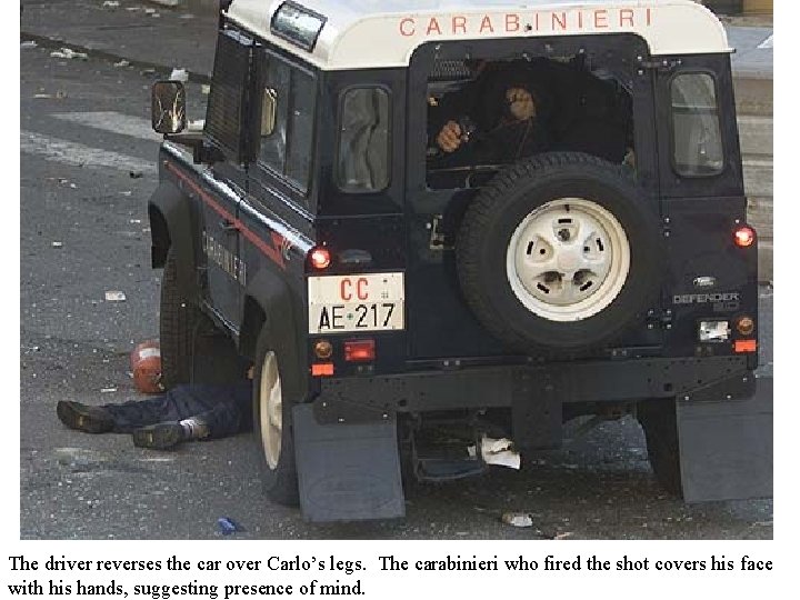 The driver reverses the car over Carlo’s legs. The carabinieri who fired the shot