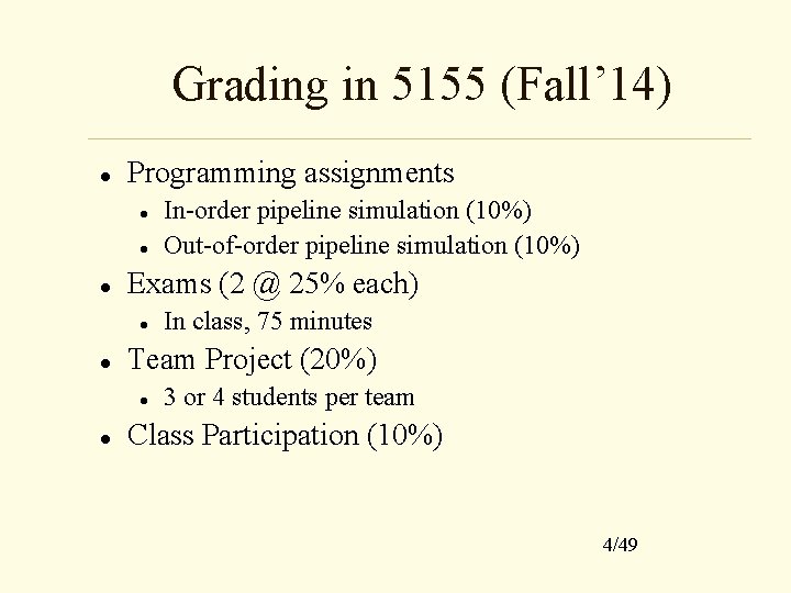 Grading in 5155 (Fall’ 14) Programming assignments Exams (2 @ 25% each) In class,