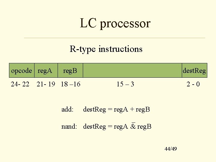 LC processor R-type instructions opcode reg. A 24 - 22 reg. B 21 -