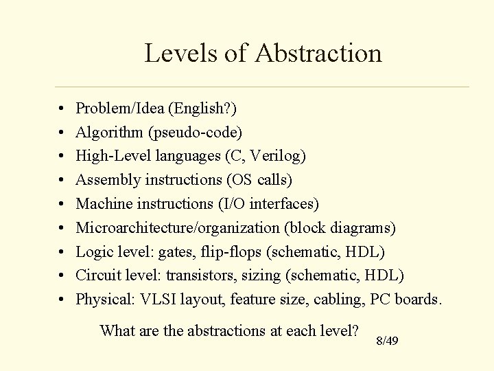 Levels of Abstraction • • • Problem/Idea (English? ) Algorithm (pseudo-code) High-Level languages (C,