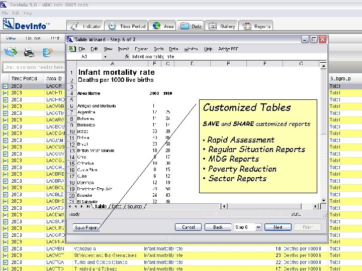 Customized Tables SAVE and SHARE customized reports • Rapid Assessment • Regular Situation Reports