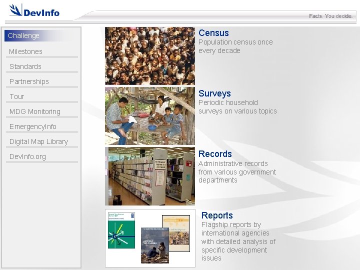 Challenge Milestones Census Population census once every decade Standards Partnerships Tour MDG Monitoring Surveys