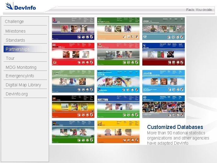 Challenge Milestones Standards Partnerships Tour MDG Monitoring Emergency. Info Digital Map Library Dev. Info.