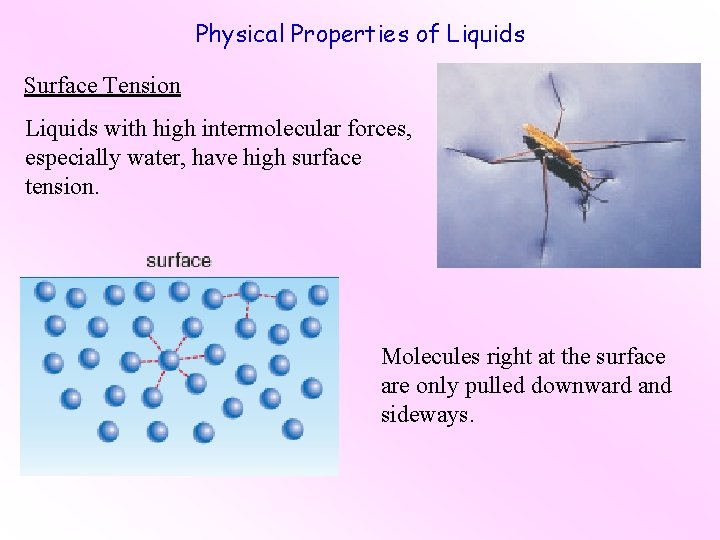 Physical Properties of Liquids Surface Tension Liquids with high intermolecular forces, especially water, have