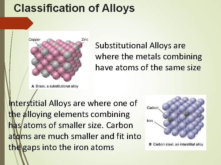 Classification of Alloys Substitutional Alloys are where the metals combining have atoms of the