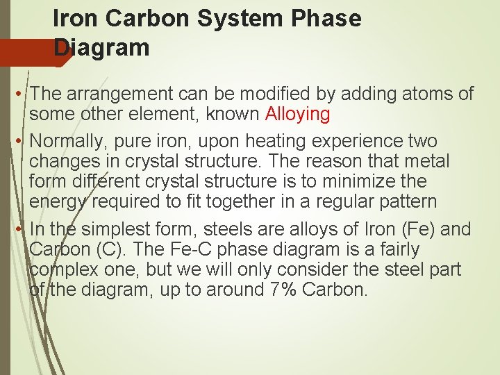 Iron Carbon System Phase Diagram • The arrangement can be modified by adding atoms
