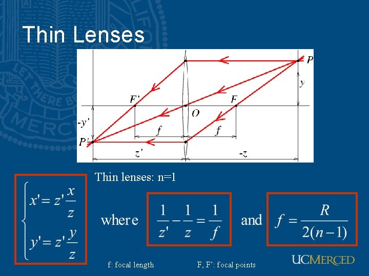 Thin Lenses Thin lenses: n=1 f: focal length F, F’: focal points 