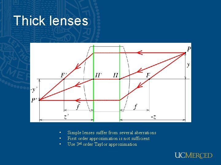 Thick lenses • • • Simple lenses suffer from several aberrations First order approximation