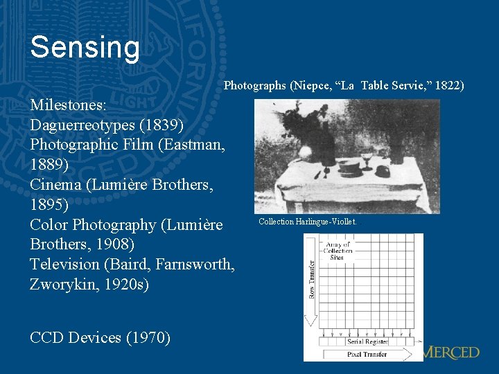 Sensing Photographs (Niepce, “La Table Servie, ” 1822) Milestones: Daguerreotypes (1839) Photographic Film (Eastman,