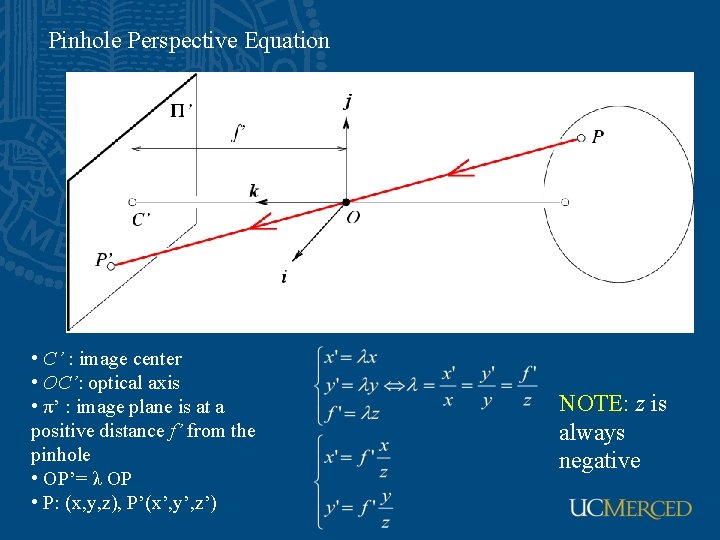 Pinhole Perspective Equation • C’ : image center • OC’: optical axis • π’