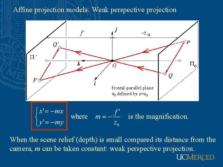 Affine projection models: Weak perspective projection frontal-parallel plane π0 defined by z=z 0 is