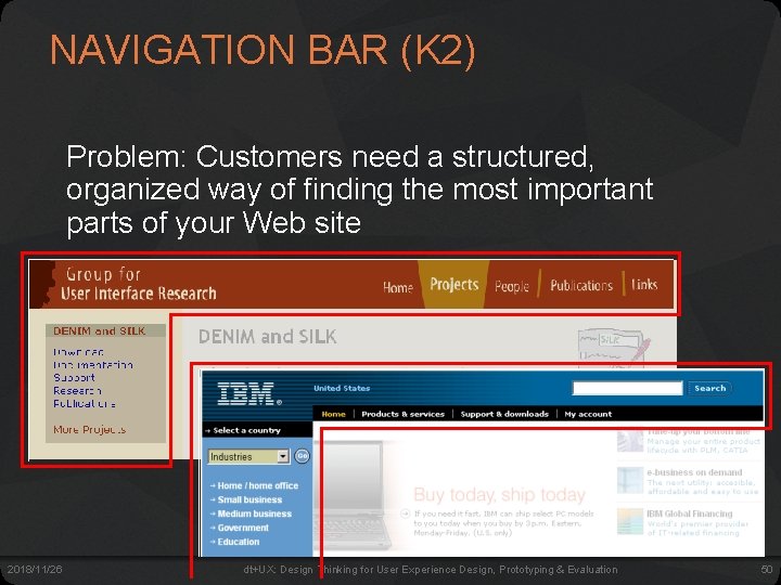 NAVIGATION BAR (K 2) Problem: Customers need a structured, organized way of finding the