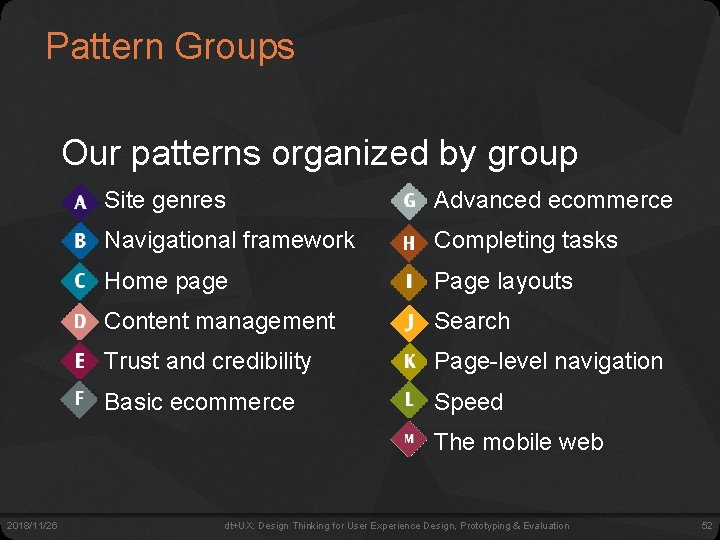 Pattern Groups Our patterns organized by group Site genres Advanced ecommerce Navigational framework Completing