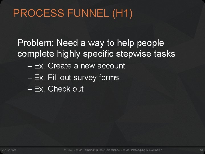 PROCESS FUNNEL (H 1) Problem: Need a way to help people complete highly specific