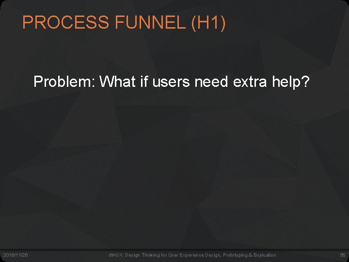 PROCESS FUNNEL (H 1) Problem: What if users need extra help? 2018/11/26 dt+UX: Design