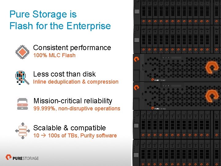 Pure Storage is Flash for the Enterprise Consistent performance 100% MLC Flash Less cost