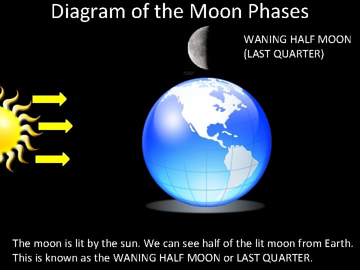 Diagram of the Moon Phases WANING HALF MOON (LAST QUARTER) The moon is lit Diagram of the Moon Phases WANING HALF MOON (LAST QUARTER) The moon is lit