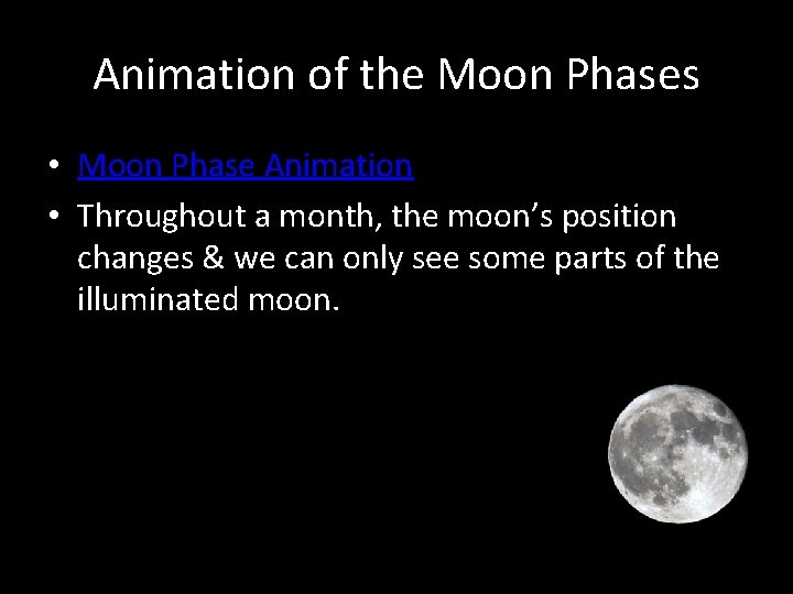 Animation of the Moon Phases • Moon Phase Animation • Throughout a month, the Animation of the Moon Phases • Moon Phase Animation • Throughout a month, the