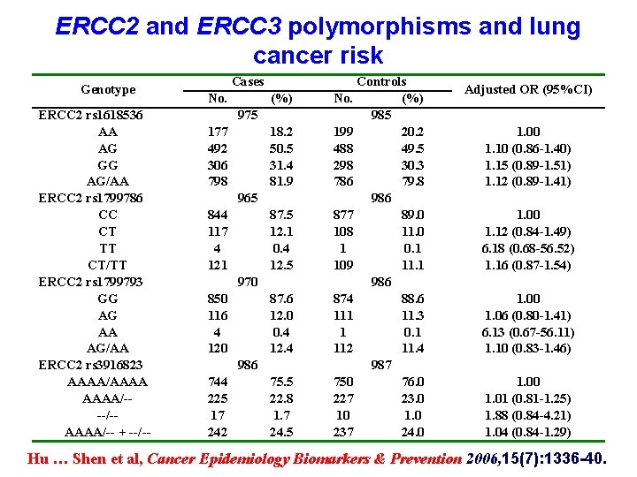 ERCC 2 and ERCC 3 polymorphisms and lung cancer risk Genotype ERCC 2 rs