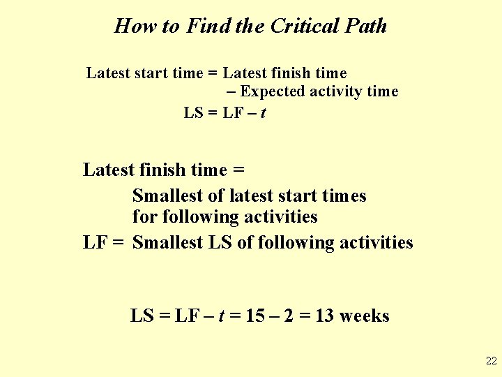 How to Find the Critical Path Latest start time = Latest finish time –
