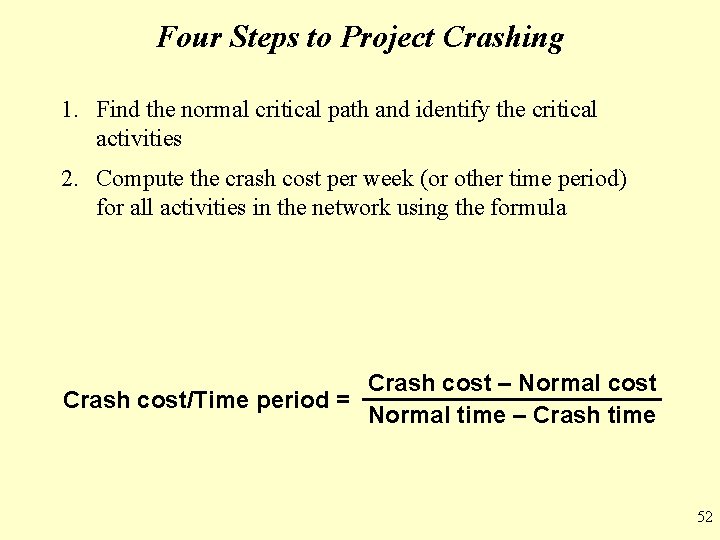 Four Steps to Project Crashing 1. Find the normal critical path and identify the