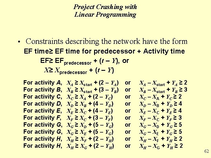 Project Crashing with Linear Programming • Constraints describing the network have the form EF
