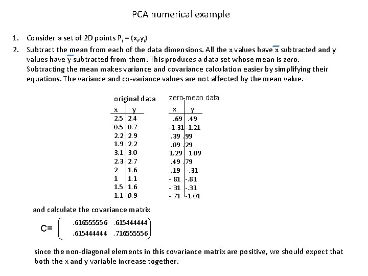 PCA numerical example 1. Consider a set of 2 D points Pi = (xi,