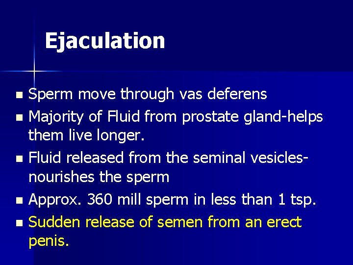 Ejaculation Sperm move through vas deferens n Majority of Fluid from prostate gland-helps them