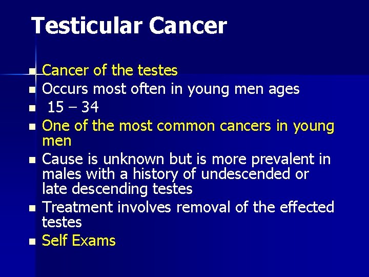Testicular Cancer n n n n Cancer of the testes Occurs most often in