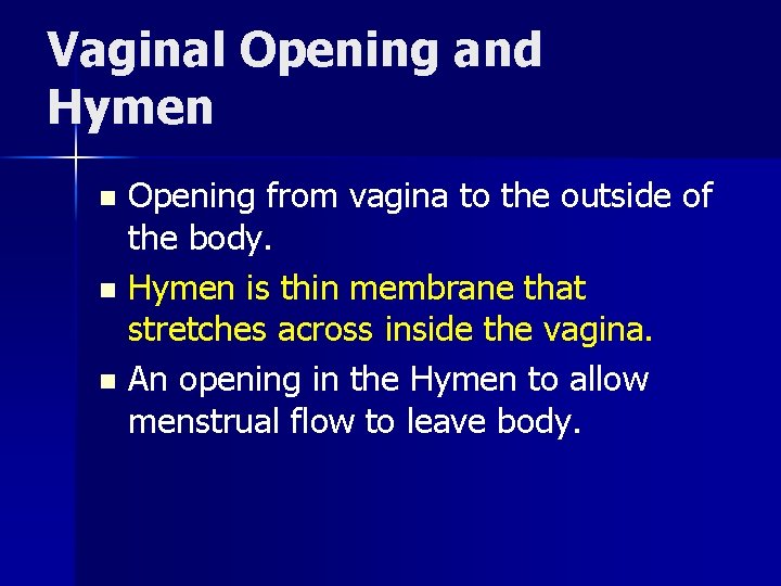 Vaginal Opening and Hymen Opening from vagina to the outside of the body. n