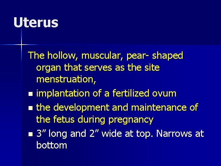 Uterus The hollow, muscular, pear- shaped organ that serves as the site menstruation, n