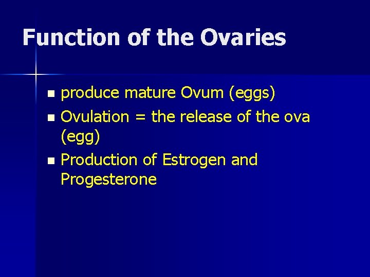 Function of the Ovaries produce mature Ovum (eggs) n Ovulation = the release of