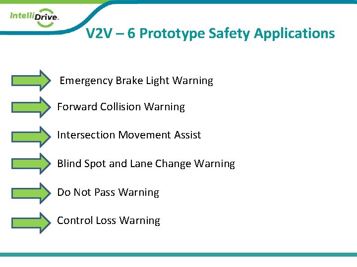 V 2 V – 6 Prototype Safety Applications Emergency Brake Light Warning Forward Collision