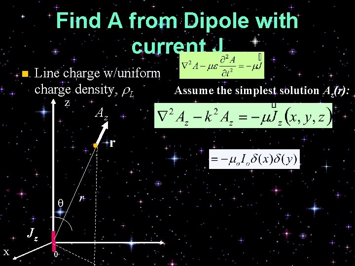 Find A from Dipole with current J n Line charge w/uniform charge density, r.