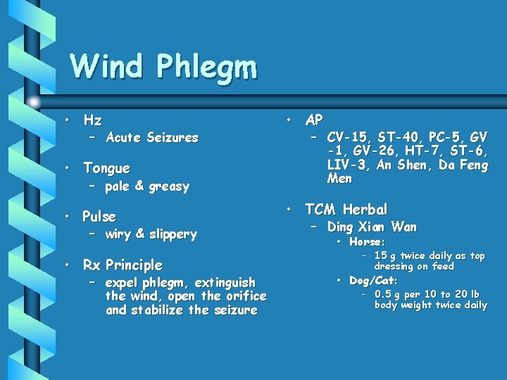 Wind Phlegm • Hz – Acute Seizures • Tongue – pale & greasy •