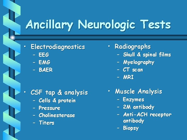 Ancillary Neurologic Tests • Electrodiagnostics • Radiographs • CSF tap & analysis • Muscle