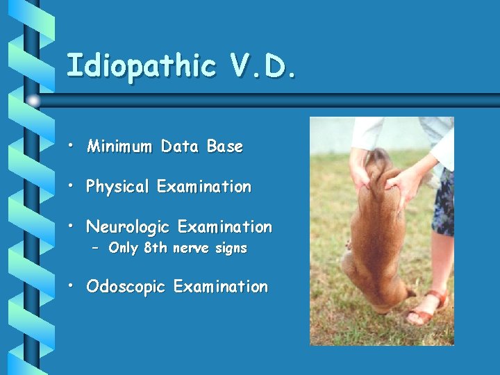 Idiopathic V. D. • Minimum Data Base • Physical Examination • Neurologic Examination – Idiopathic V. D. • Minimum Data Base • Physical Examination • Neurologic Examination –