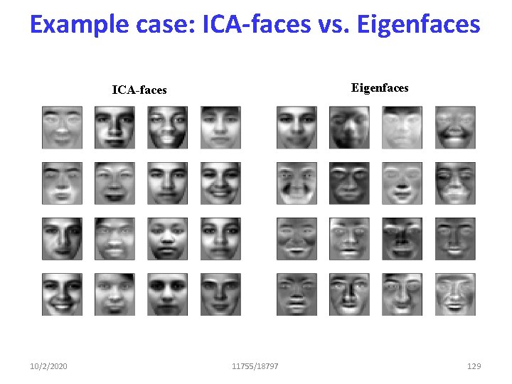 Example case: ICA-faces vs. Eigenfaces ICA-faces 10/2/2020 11755/18797 129 
