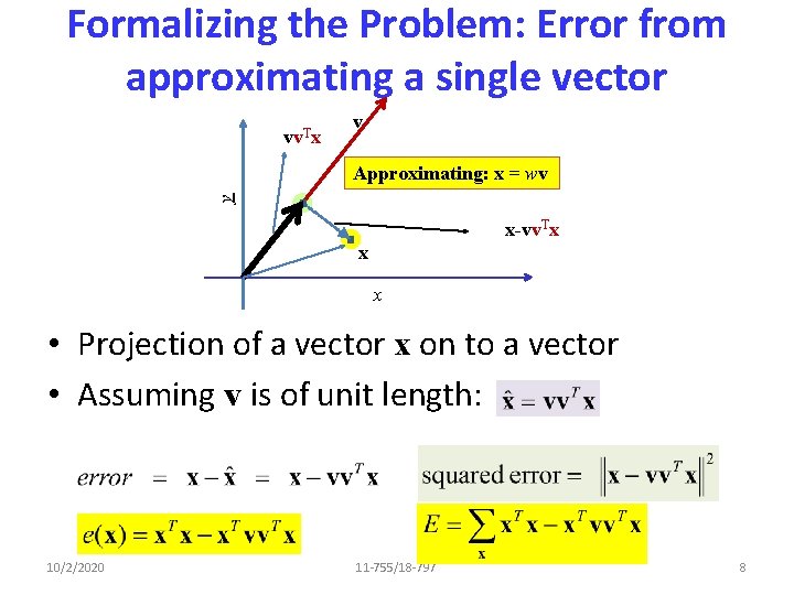 Formalizing the Problem: Error from approximating a single vector vv. Tx v y Approximating: