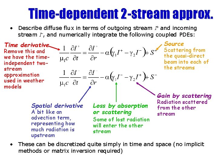 Time-dependent 2 -stream approx. • Describe diffuse flux in terms of outgoing stream I+