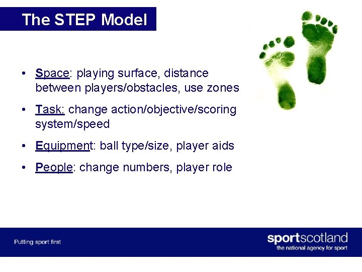 The STEP Model • Space: playing surface, distance between players/obstacles, use zones • Task: