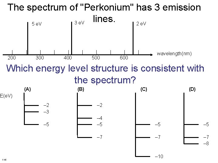 The spectrum of "Perkonium" has 3 emission lines. 3 e. V 2 e. V