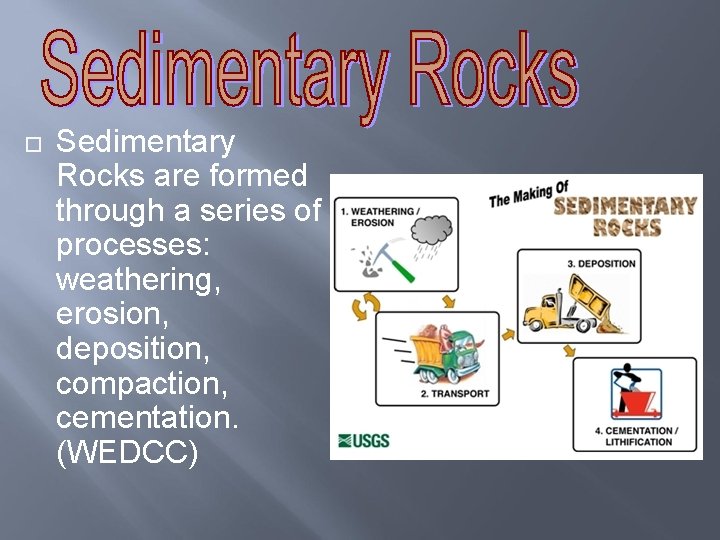  Sedimentary Rocks are formed through a series of processes: weathering, erosion, deposition, compaction,