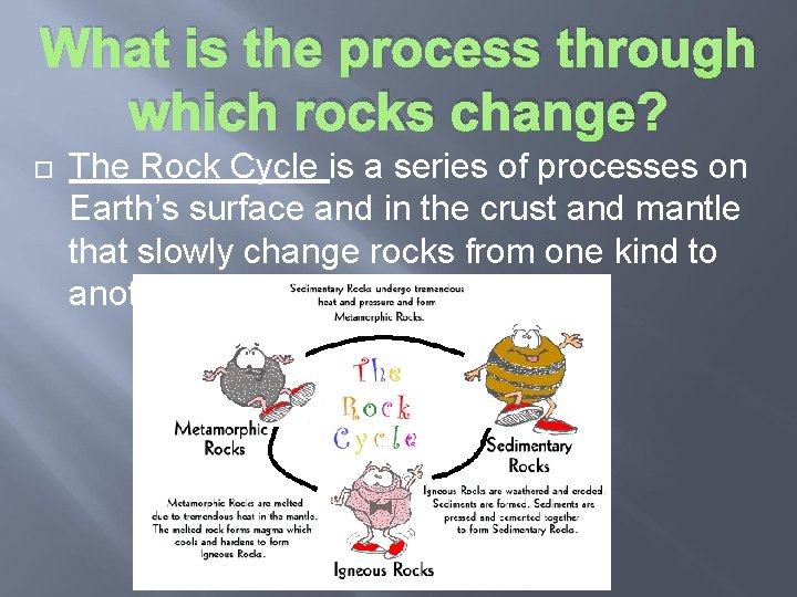 What is the process through which rocks change? The Rock Cycle is a series