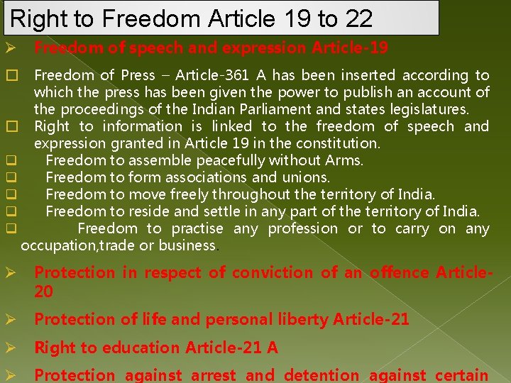 Right to Freedom Article 19 to 22 Ø Freedom of speech and expression Article-19